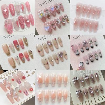 HANDMADE Medium-length Coffin Shaped Trapezoid Artificial Nail Pink Cute Sweet Princess Love Blush Crystal Diamond Phototherapy Nails Reusable