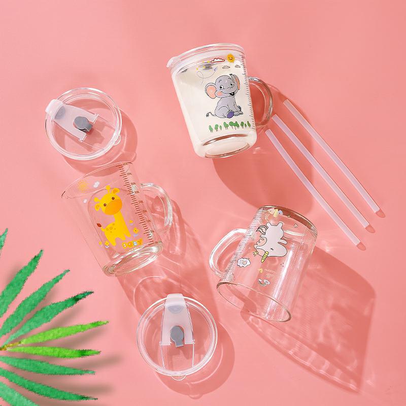 High Quality Kids Straw Cup with Lid and Handle Cute Glass Tumbler with Scale for Water Tea Milk Coffee Elephant Cartoon Pattern