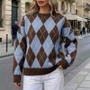 Women's Casual Loose Fit Color Block Sweater, Retro Neck Knit Pullover