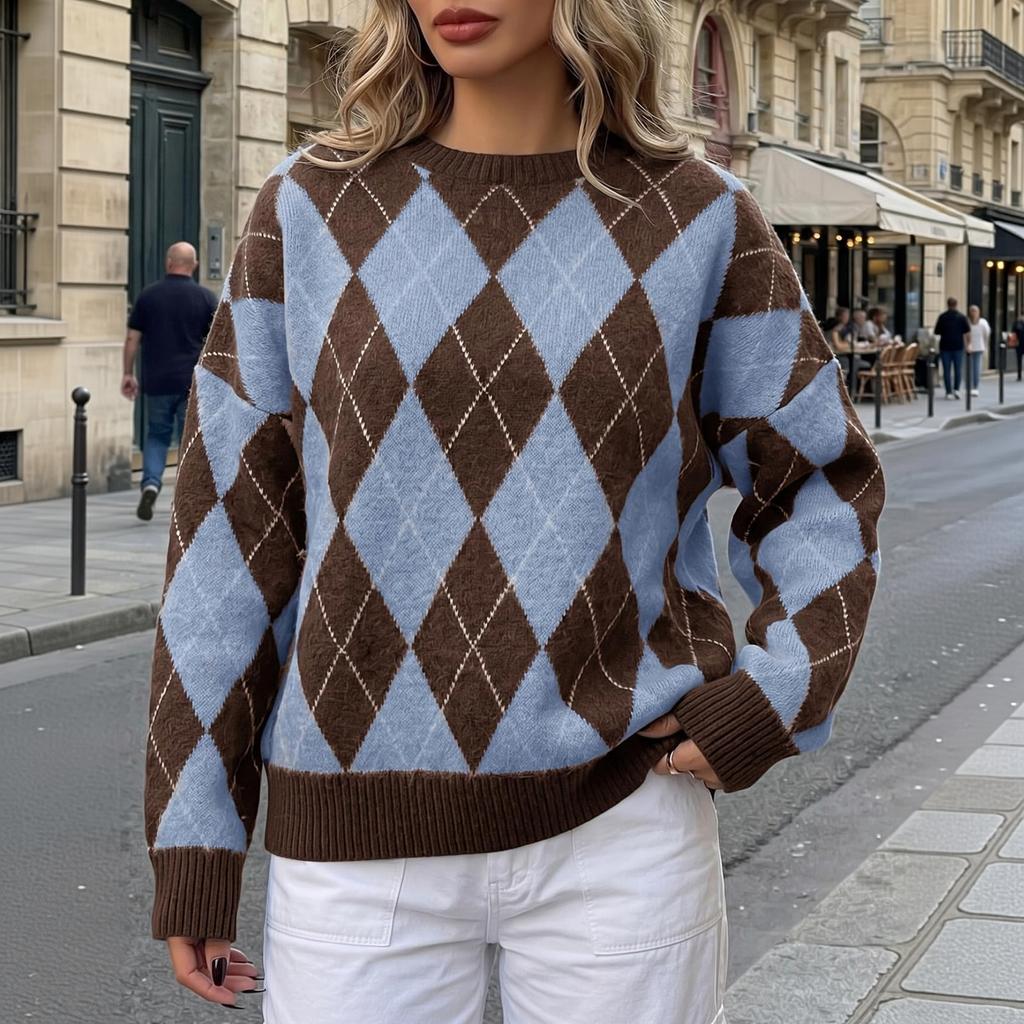 Women's Casual Loose Fit Color Block Sweater, Retro Neck Knit Pullover