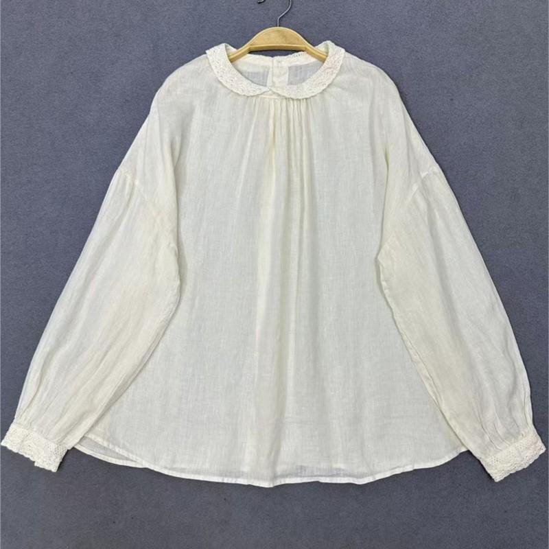 Johnature Thin Lace Trim Shirt Vintage Long Sleeve Top For Spring Autumn Women Shirts