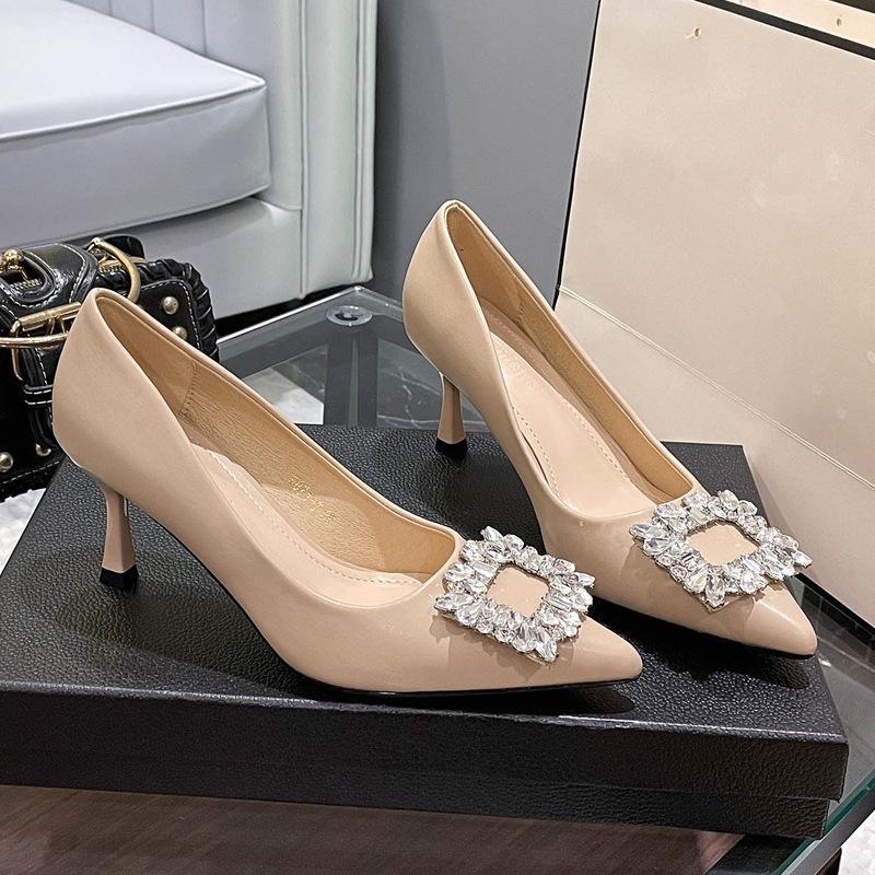 French pointed rhinestone high heels women's summer 2025 new stiletto large size small size black professional single shoes women