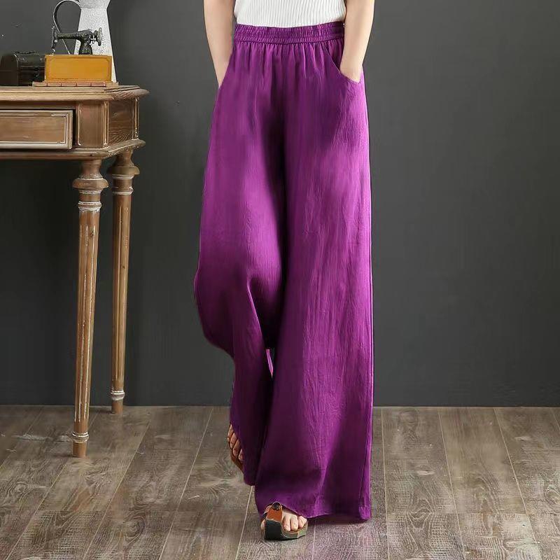 

Women s Plus Size Wide-Leg Cotton Linen Pants with Drawstring Waist - Spring Collection M 91-105 lbs фиолетовый