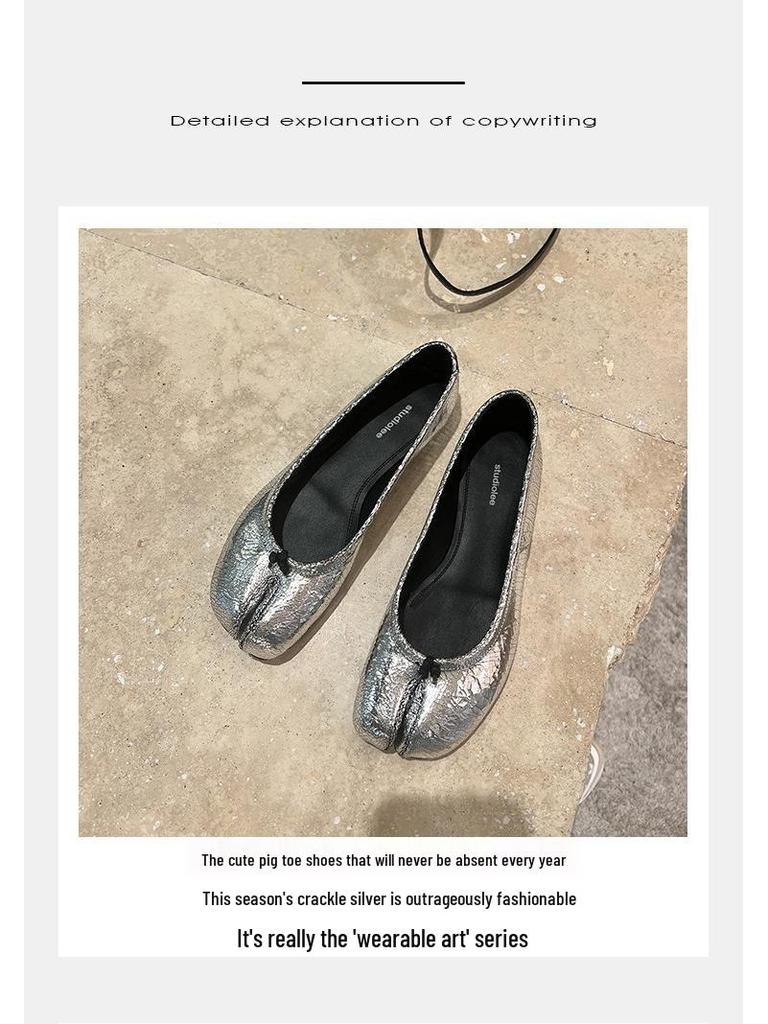 Retro Grape Mom's Style: Cracked Round Toe Pig Hoof Shoes with Flat Sole