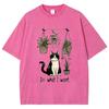 Black Cute Cat Cartoon Print Women's T-Shirt Oversized Loose Wash Denim Cotton Short Sleeve Casual Fashion Girly Top