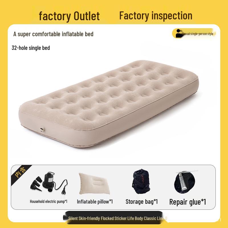 Beige Double Inflatable Camping Mattress: Portable, Thickened, and Foldable for Outdoor or Lunch Break Use.