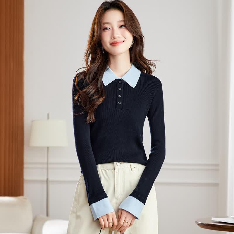 Srcr Women s Fake Two-Piece Contrast Lapel Wool Blend Sweater M
