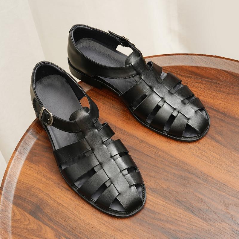 2025 New European and American Men's Genuine Leather Casual Flat Cowhide Sandals, Large Size