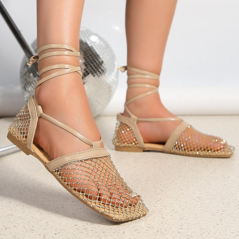 Fashion Women's Baotou Sandals Fall New Square Head Rhinestone Mesh Bag with Hollow Cross Lace-up Flat Shoes