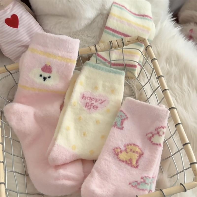 Female Autumn and Winter Thickened Warm Lovely Cartoon Pink Is The Moon Son Sleep In The Tube Pile Pile Cotton Socks