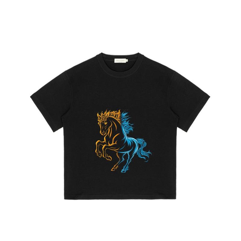 Men's Black T-Shirt With Fire And Ice Horse Graphic Design For Casual Wear