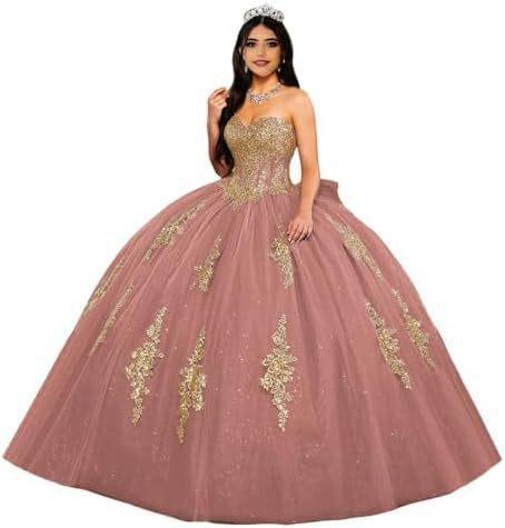 Gold Lace Applique Adult Dress Fluffy Strapless Tube Top Tulle Ball Dress Glitter Princess Dress Dress