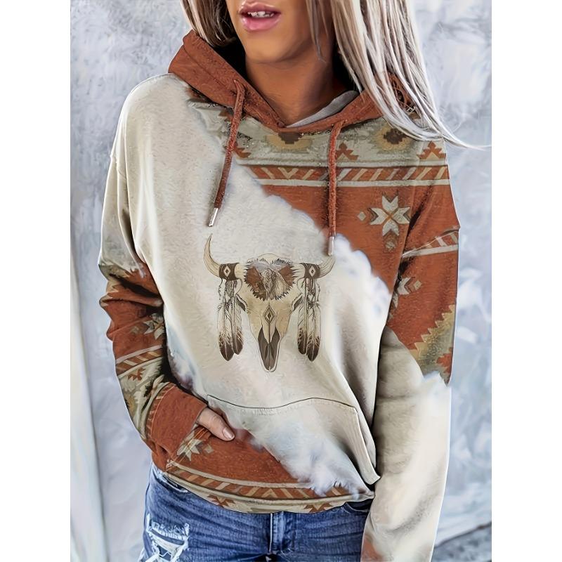 Vintage-Inspired Western Print Sweatshirt - Soft, Casual, Drawstring hoodie with Pocket for Women Long Sleeve Pullover Design