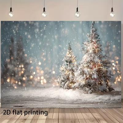 2D Cozy Snowy Christmas Photography Backdrop, Pastel Winter Scene with Snowy Trees & Lights
