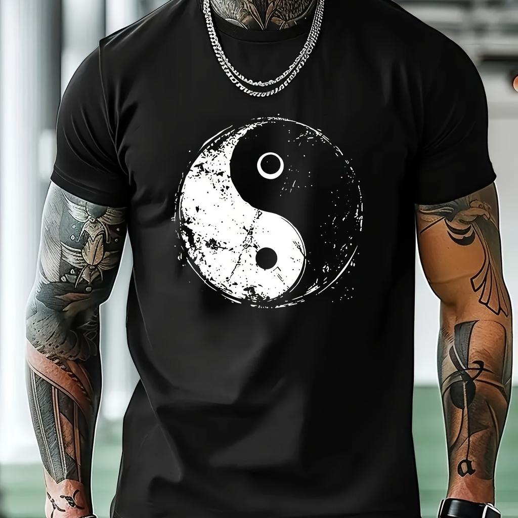 Yin Yang Graphic Print Mens Cotton TShirt Round Neck Short Sleeve Casual Summer Tee