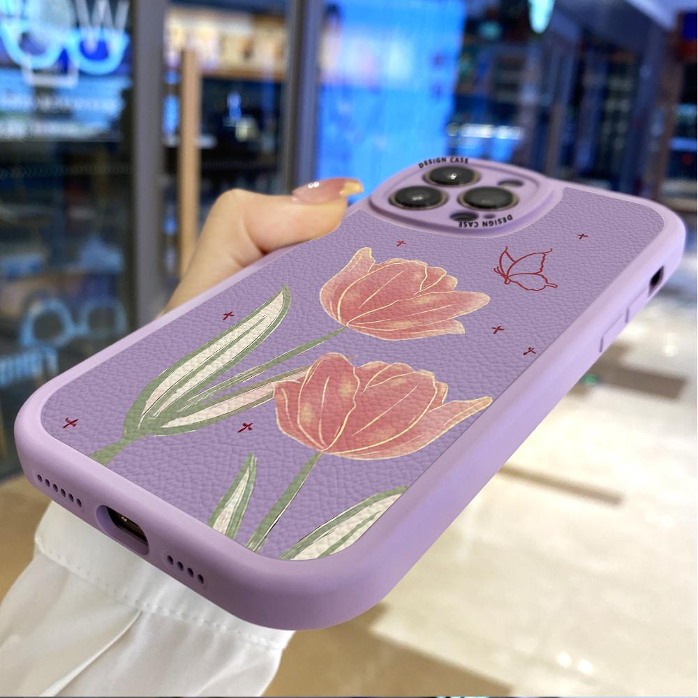 Slim Skin Feeling Cartoon Flowers Tulipany Miękkie silikonowe etui ze skóry PU na telefon Samsung Xiaomi Poco Redmi