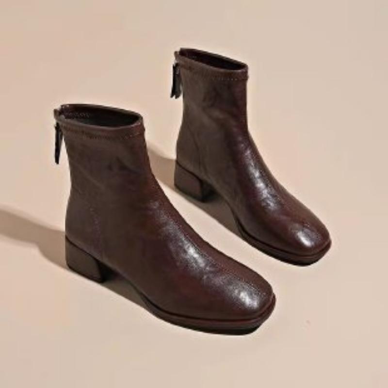 

Retro thick heel square head Martin boots autumn and winter new medium heel thin boots temperament women s boots 42 коричневый