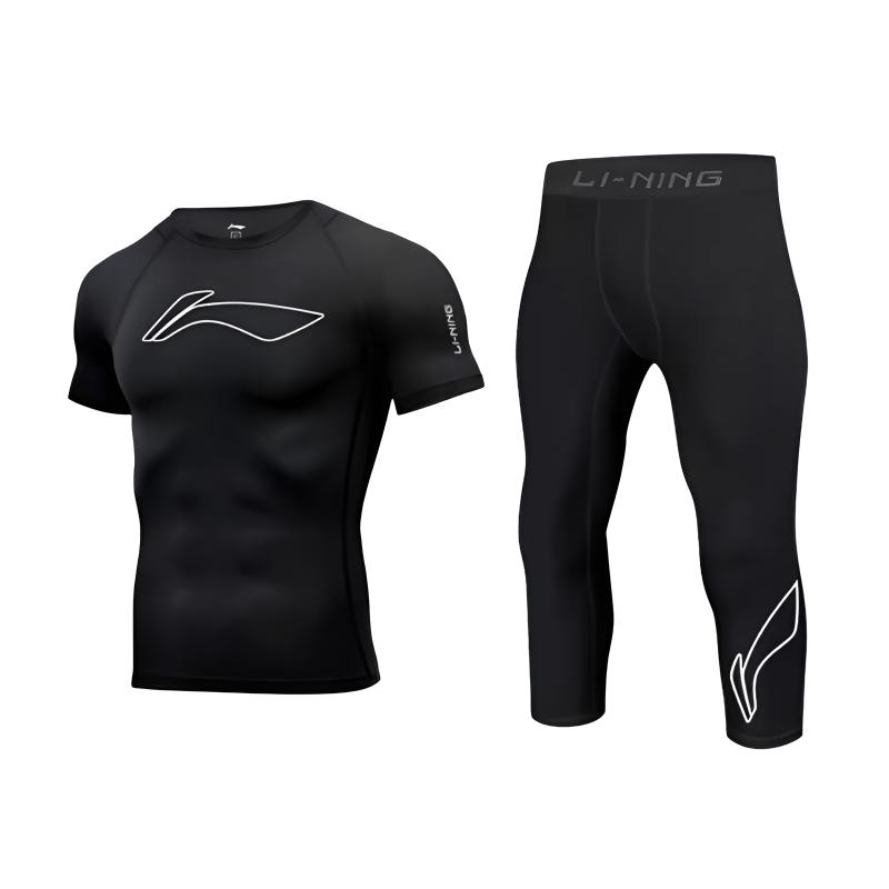 Логотип Li Ning Печать Быстросохнущий Повседневный Удобный Универсальный Круглый вырез Пуловер Фитнес-комплект Мужские комплекты YUDV017-2+YUQV003-2 M