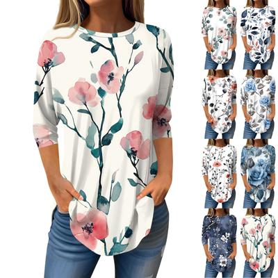 3/4 Sleeve Shirts For Women Cute Tops Graphic Tees Blouses Casual Plus Size Basic Tops Pullover