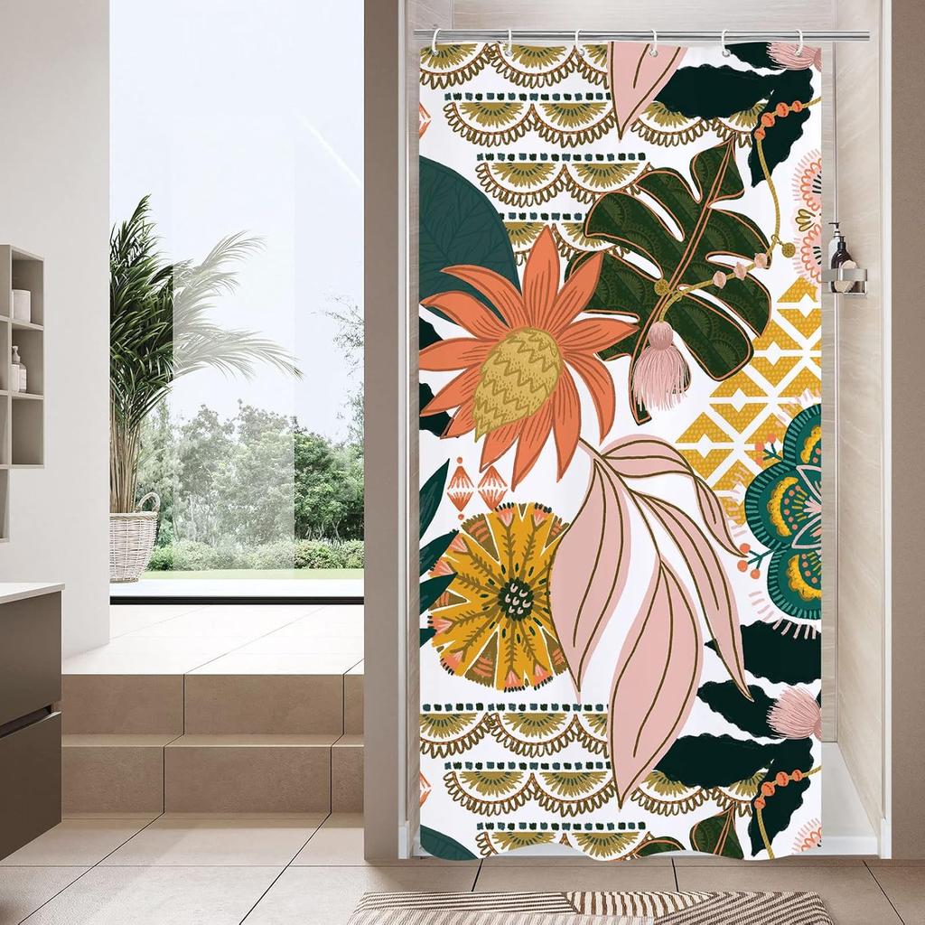 Boho Floral Shower Curtain, Tropical Leaves Fabric Cloth Shower Curtains for Chic Elegant Bathroom Decor, Modern Curtain