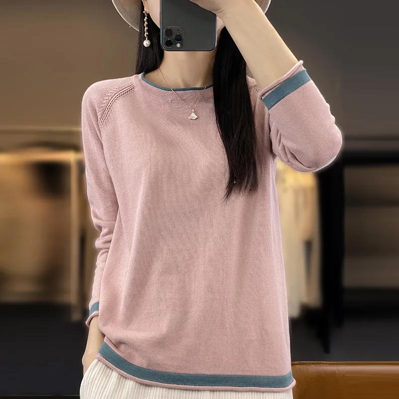 Spring and Autumn Thin Cotton Knitwear Women's Round Neck Sweater Loose Color Matching Cotton and Linen Bottoming Shirt
