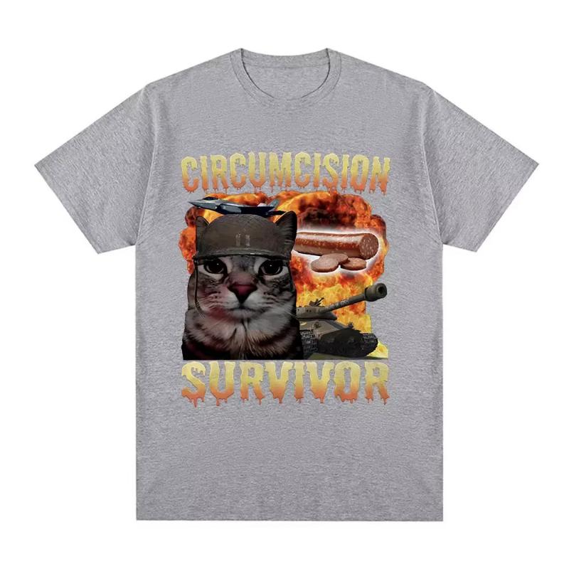 Circumcision Survivor Funny Cat Meme T Shirts Men Women Vintage T-shirt Casual Short Sleeve Summer T-shirts Streetwear