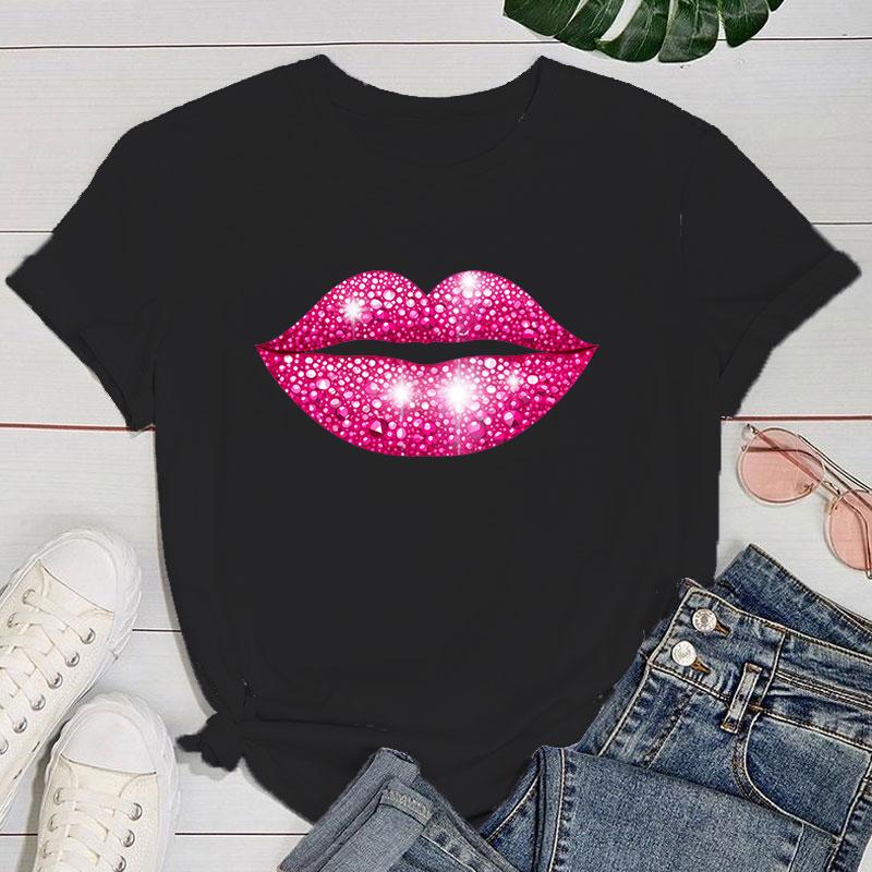 (Premium T-shirt)Hot Pink Lips Funny Summer Women T-Shirt Harajuku Print Fashion Short Sleeve Summer Casual T-Shirt Top