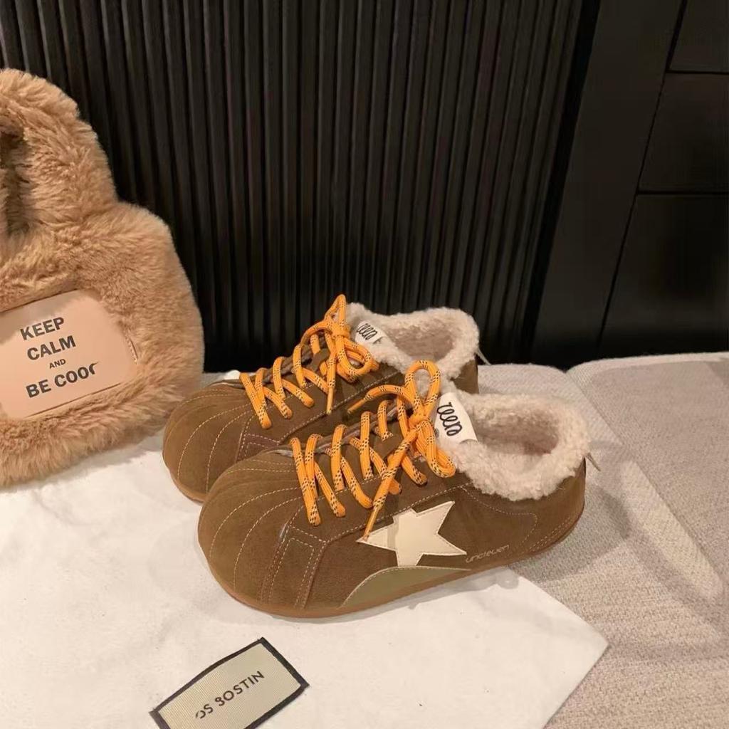 Retro German Training Shoes Women's Autumn and Winter Velvet Warm Fluffy Cotton Shoes Cute Ugly Cute Soft Leather Star Shoes Casual Board Shoes