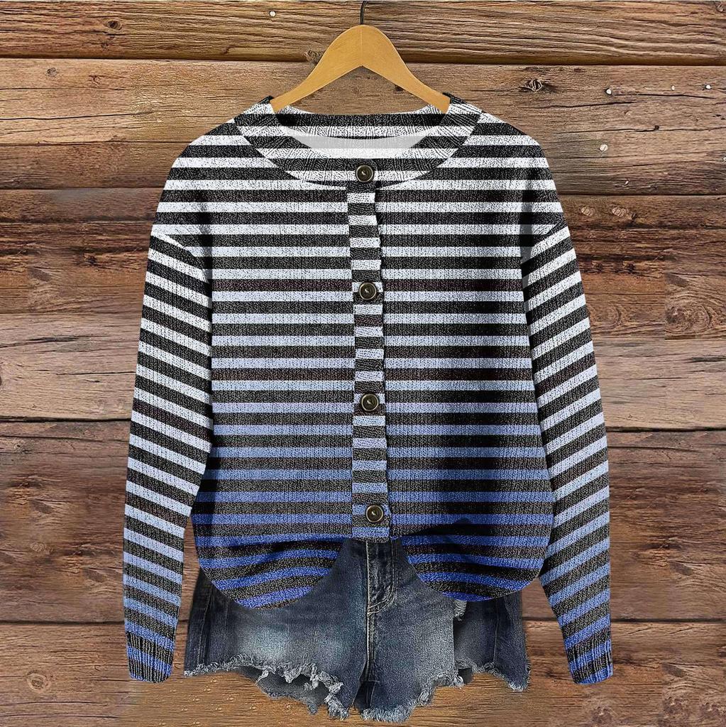 Women's Vintage Knit Button Vintage Floral Stripe Print Cardigan Jacket
