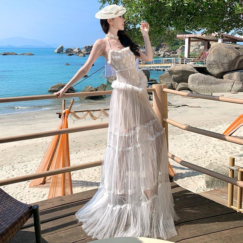 Fairy Seaside French Embroidery Jacquard Suspender Dress Women's Birthday Dress Dress Island Vacation Skirt