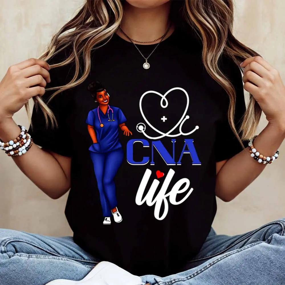 Cna Life Nurse with Stethoscope Heart Design T Shirt Women Casual Short Sleeve Top White