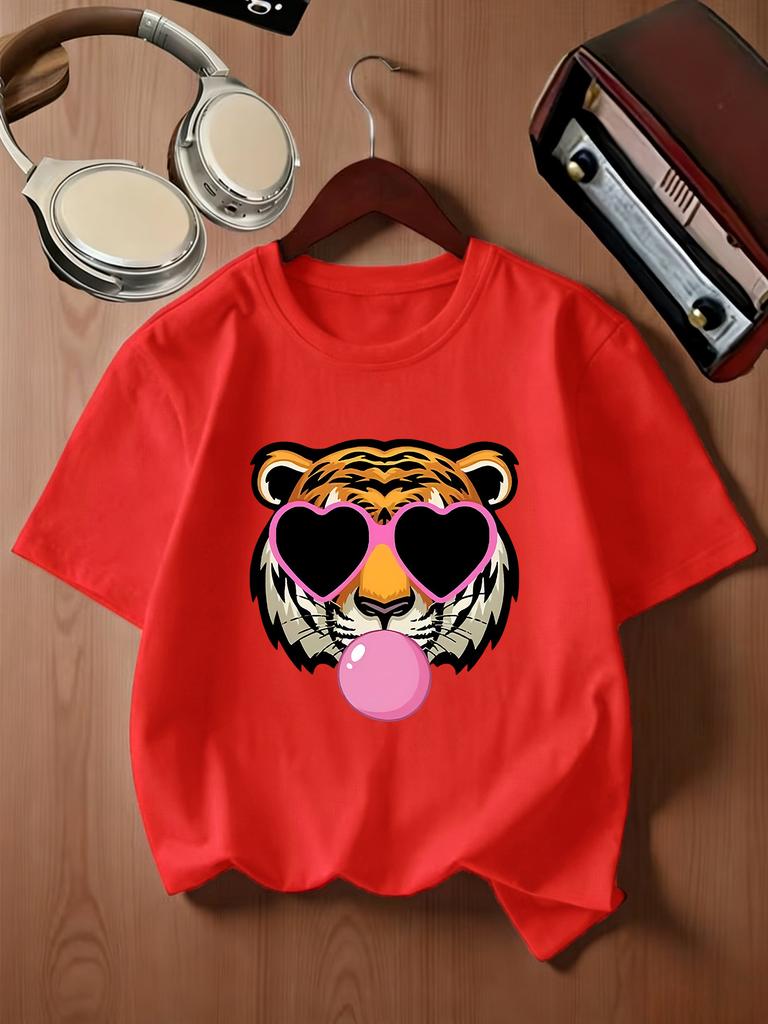 Cool Tiger Blowing Bubble Heart Glasses Print Kids T Shirt Boys Girls Family Matching Parent Child Summer Crew Neck Casual Tee