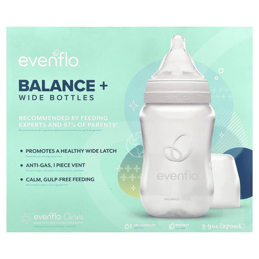 Evenflo Feeding, Balance+ Bottle, Wide, 0+ Months, Slow Flow, 3 Bottles, 270ml (9oz) Each