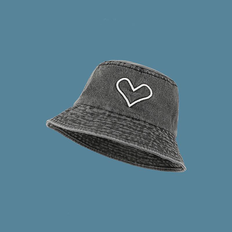 Sun hat washed denim fisherman hat children's love embroidery spring and autumn versatile face cover casual short brim basin hat