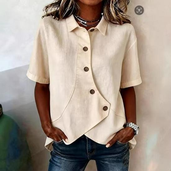 2026 New Women's Short Sleeve Irregular Lapel Button T-shirt