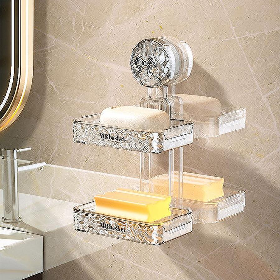 1 Suction Cup Soap Box Non Perforated Wall Mounted Bathroom Shelf Double-layer Drainage Soap Box