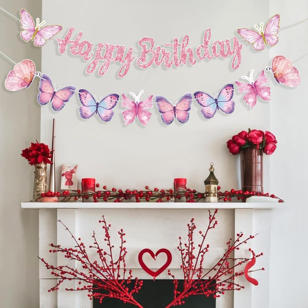 Pink Butterfly Birthday Banner, 63" x 23.6", Fade Resistant, Lightweight, Women/Girls/Teen Girls