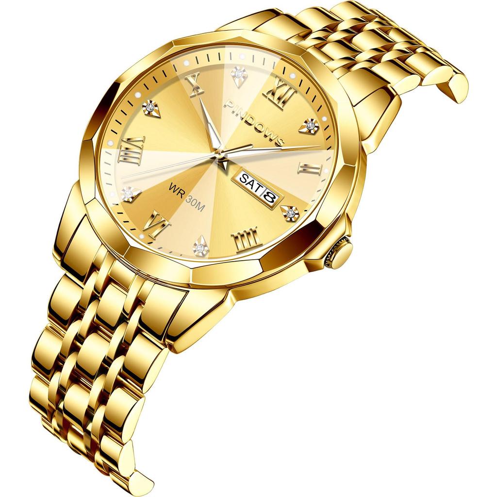 PINDOWS Luxury Business Dress Analog Quartz Water Luminous Date Stainless Steel Classic Business Casual Style Men's Watch, Diamond-Decorated, Style,