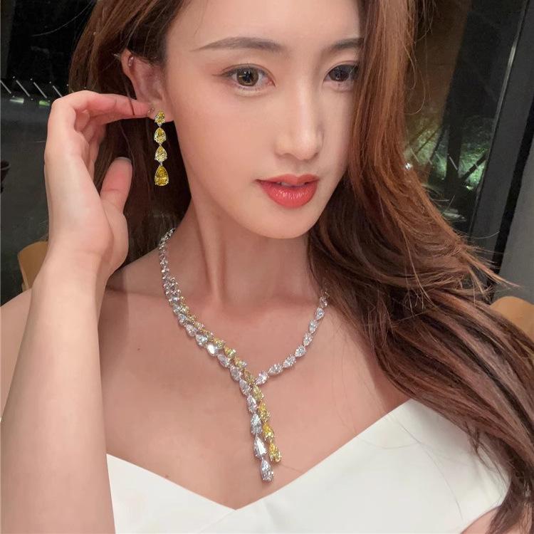 Gra High Jewelry Necklace Set Sexy Y-Shaped Yellow And White Diamond Mixed Chain Light Luxury Color Treasure Stud Earrings Pendant Women