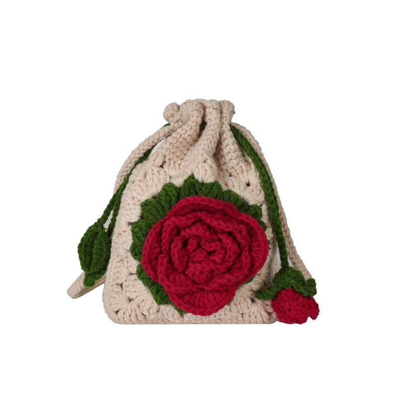 Korean Style Drawstring Shoulder Bag With Handwoven Yarn And Rose Embellishments For Daily Use