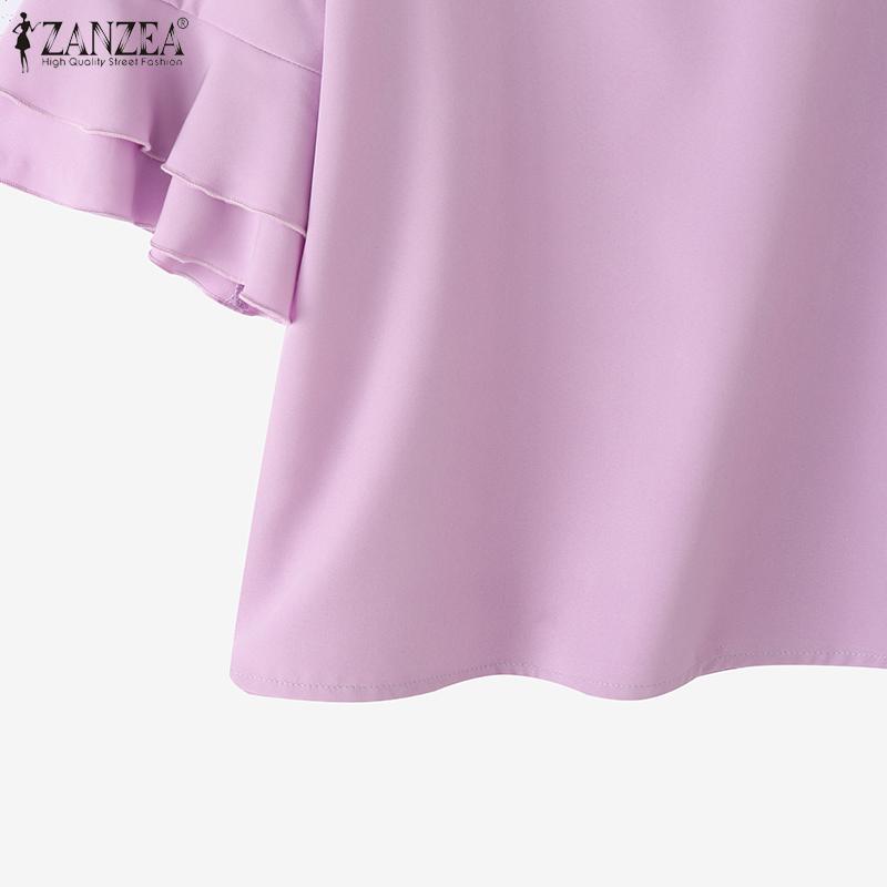 ZANZEA Womens Casual V-Neck Solid Color Loose Half Sleeve Blouse