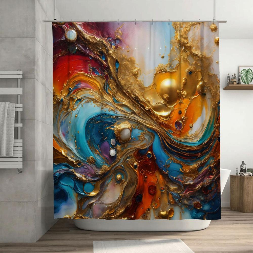 Luxury 3D Printed Shower Curtain Abstract Art Design with Golden Foil Accents Waterproof Bathroom Decoration for Home Decor