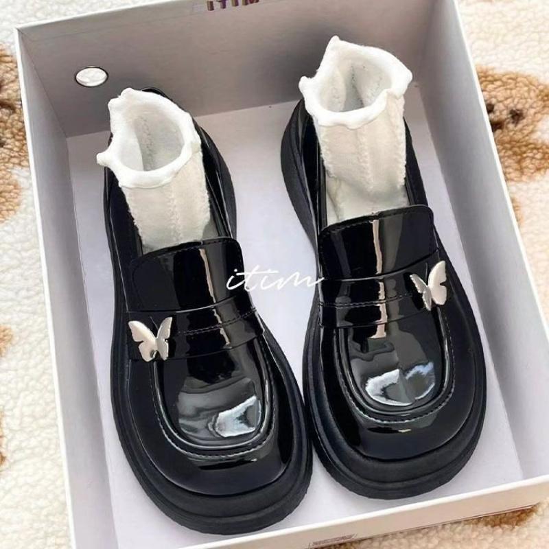 British Style Black Bow Loafers Slip-On Shoes for Women 2025 New Spring and Autumn Thick-Soled Retro Platform Leather Shoes