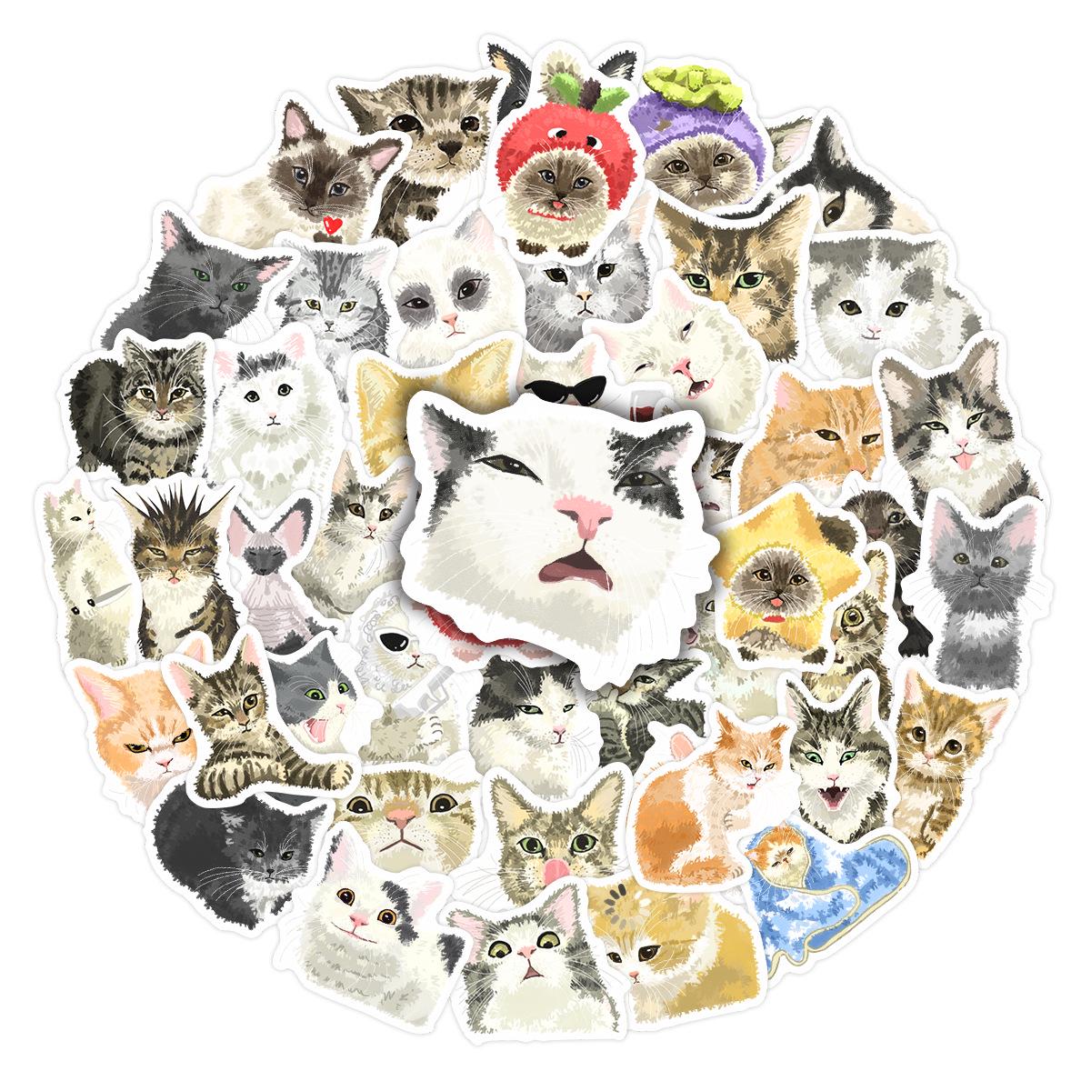 50 Hand-Painted Cat Emoji Creative Stickers for Children s Journals and Notebooks No