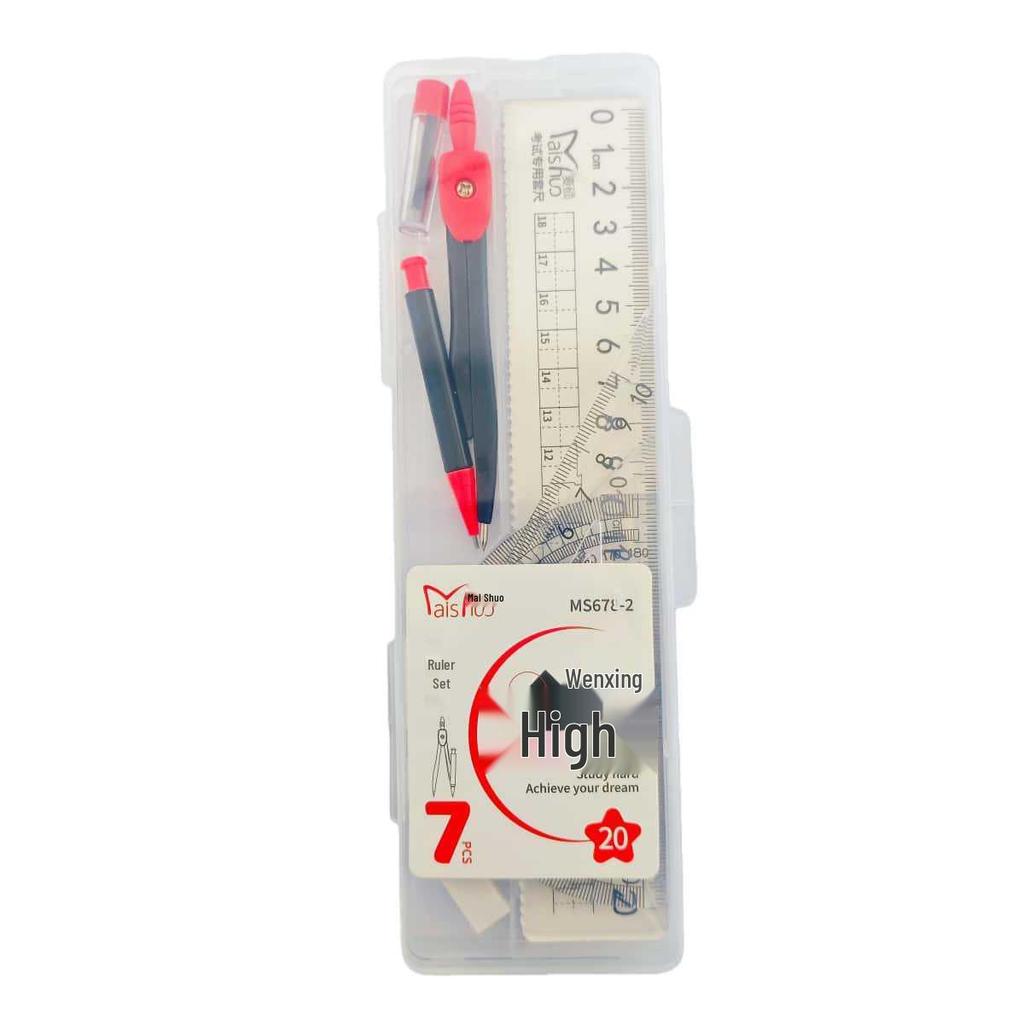 Maishuo 7-Piece Student Geometry Set: Compass, Straight & Triangle Rulers in Box