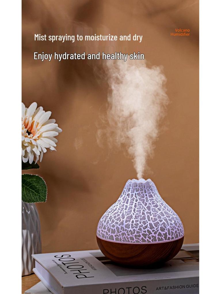 USB Wood Grain Mini Volcano Humidifier with LED Flame Effect - Large Mist & Night Light