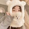 Cute Little Bear Scarf Hat Warm One Piece Hat Female Winter Student Lamb Hair Korean Version Hooded Mask Plush Hat