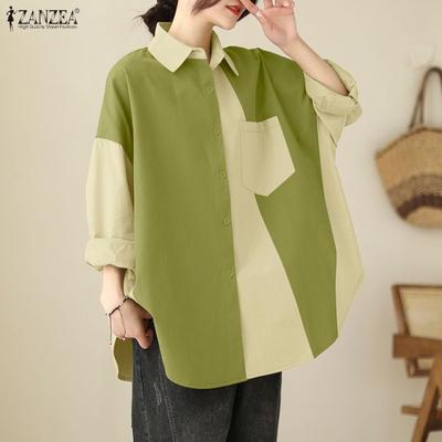 Women Turn Down Collar Patchwork Loose Casual Long Sleeve Blouse