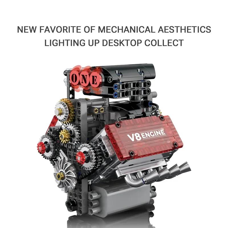 478PCS Motorized V8 Engine Building Blocks Set with L Motor AA Battery Box - DIY Simulation Model Car Parts for Kids Adults Gift