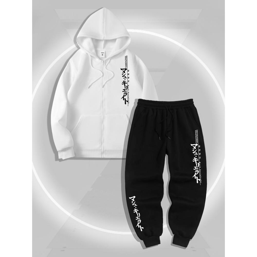 Modisches Herren-Kapuzenpullover-Jogginghosen-Set mit Textmuster und Reißverschluss, aus bequemem und weichem Stoff